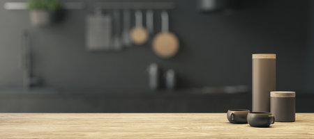 Sleek kitchen tabletop showcasing modern design and clean lines. Product layout concept. 3D Renderingの写真素材