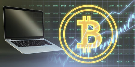 Close up of laptop with empty mock up screen and creative bitcoin button, grid, index and...