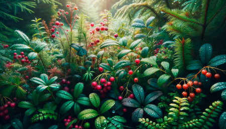 Diverse forest flora with red berries and ferns under soft light. Generative AIの素材