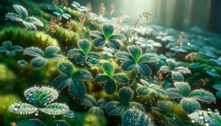 Clover leaves and flora with sparkling dew, forest backdrop. Generative AIの素材