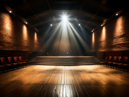 Dramatic theater stage with spotlight and seating. Performance and drama concept. Generative AIの素材