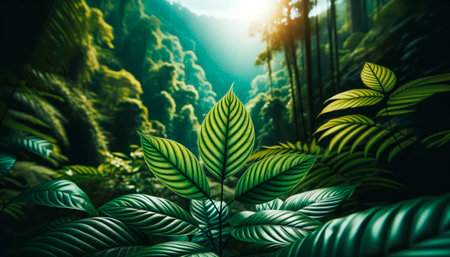 Sunlit jungle leaves against a forest backdrop, vibrant nature scene. Generative AIの素材