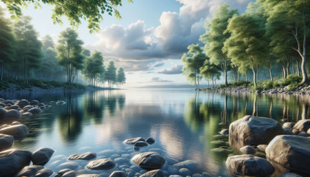 Landscape of a lake with trees and stones in the foreground. Generative AIの素材