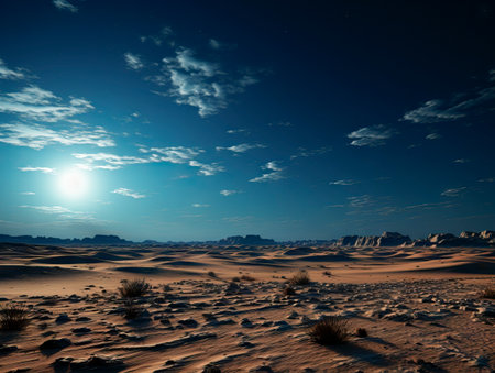 Desert landscape illuminated by a brilliant sun, casting long shadows over the dunes. Illumination concept. Generative AIの素材