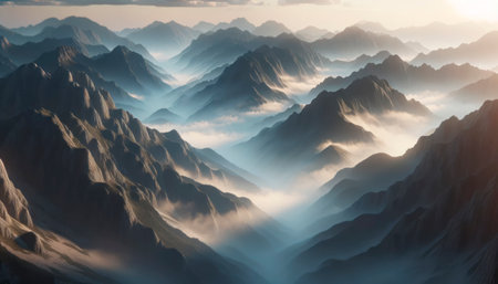 Sunlight streaming over undulating mountain peaks and valleys filled with mist. Generative AIの素材