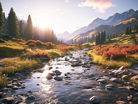 Mountain river at sunset. Colorful autumn landscape with forest and mountains. Generative AIの素材
