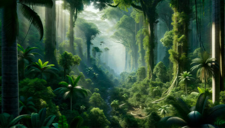 Sunlight filtering through a mystical jungle canopy, highlighting the rich greenery. Generative AIの素材