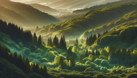Mist envelops a dense forest landscape, creating a stunning visual background. Generative AIの素材