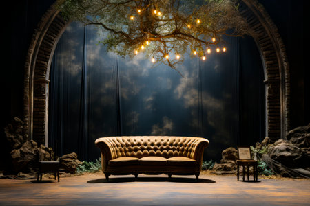 Elegant stage with tufted sofa and vintage chandelier. Classic and luxury concept. Generative AIの素材