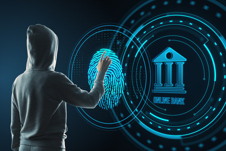 Back view of hacker using creative banking hologram in blue circle with fingerprint on dark background. Finance, online bank and digital money conceptの写真素材