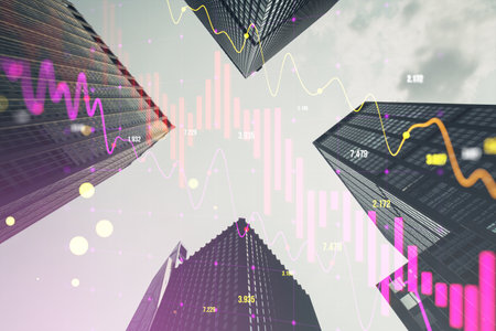Abstract falling candlestick forex chart and index on blurry city background. Crisis and finance concept. Double exposureの写真素材