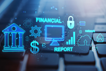 Close up of laptop computer keyboard and plastic card on desk with creative financial banking interface on blurry background. Marketing, finance and online bank app concept. Double exposureの写真素材