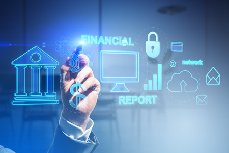 Close up of businessman hands pointing at creative financial banking interface on blurry office interior background. Marketing, finance and online bank app conceptの写真素材