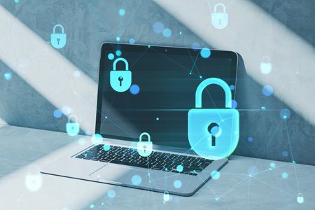 Close up of laptop computer on desk with creative low poly plexus digital padlock interface on...