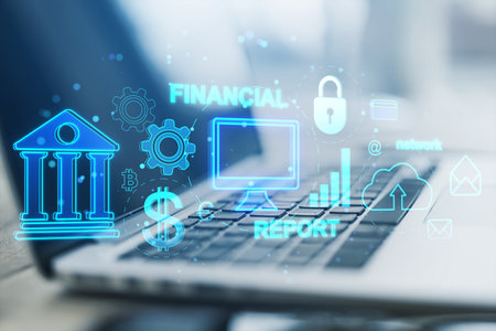 Close up of laptop on desk with creative financial banking interface on blurry background. Marketing, finance and online bank app concept. Double exposureの写真素材