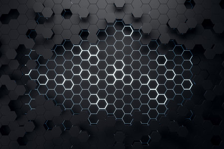 Creative black hexagonal background. Landing page concept. 3D Rendering