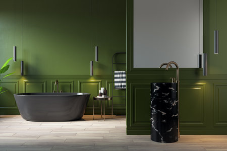 Contemporary green and wooden bathroom interior with various objects. Hotel and accommodation designs. 3D Renderingの写真素材
