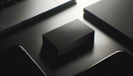 Close up of black business card stack with reflective surface. Dark elegant branding Generative AIの素材
