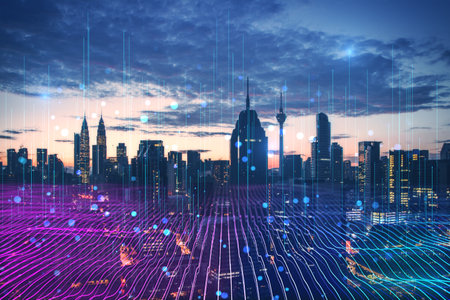 Creative glowing purple night city backdrop with digital data lines all over. Smart city, VR, AI and...