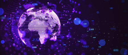 Blue holographic globe with data points and network lines. Global business and information concept....