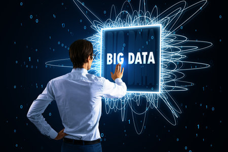 Person engaging with a big data digital interface, holographic technology visualization. Cyber data...