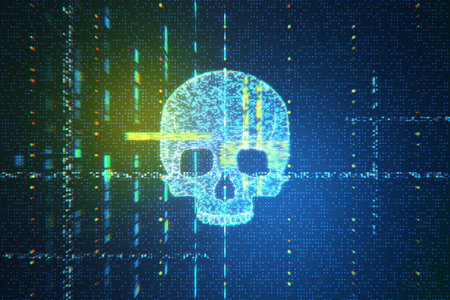 Neon digital skull with a data stream on a binary code backdrop. Cybersecurity awareness concept. 3D Renderingの写真素材