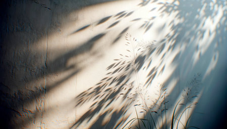 Soft shadows of grass on textured wall, serene and natural. Generative AIの素材