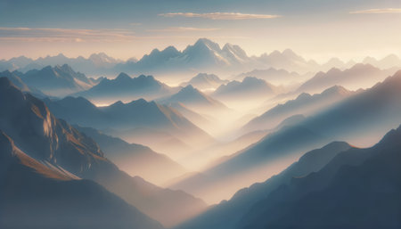 Misty mountain layers bathed in warm sunrise hues. Generative AIの素材