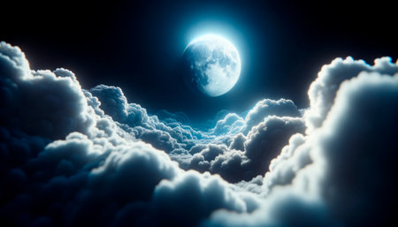 Majestic cloudscape with a full moon at night creating a surreal scene. Tranquility, cosmos concept. Generative AIの素材