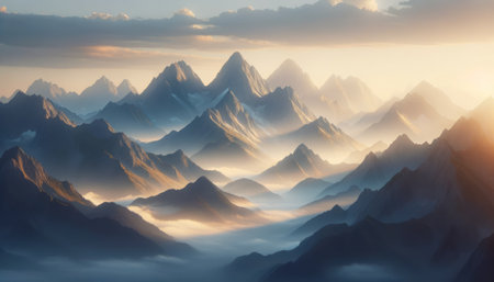 Sunset casting golden hues on mountainous terrain and mist. Exploration concept. Generative AIの素材