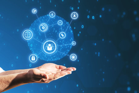 Close up of businessman hands holding creative connected digital business interface with various...