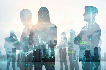 Crowd of businesspeople standing on blurry city background with forex chart. Trade and finance concept. Double exposureの写真素材