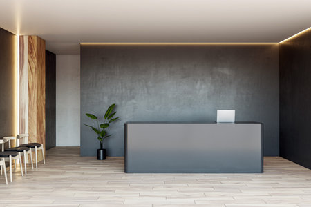 Elegant reception area with dark tones and wooden accents. 3D Renderingの写真素材