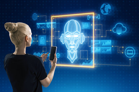 Attractive young European female using smartphone with glowing ai hologram with icons and robot on...