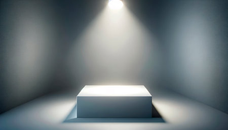 Minimalist white pedestal spotlighted on a textured gray background. Display concept. Generative AIの素材