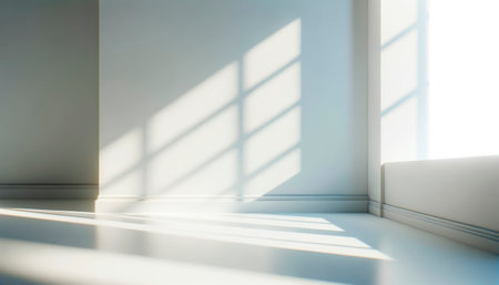 Sunny room corner with shadow of window, minimalist design. Light and space concept. Generative AIの素材