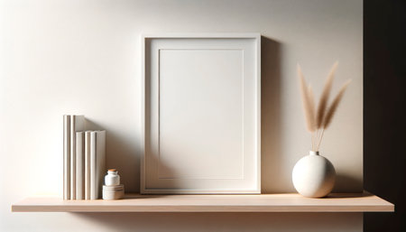 Minimalist shelf display with frame, books, and vase on neutral background. Home decor concept. Generative AIの素材