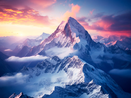 Sunset alpenglow on a majestic mountain summit above the clouds. Generative AIの素材