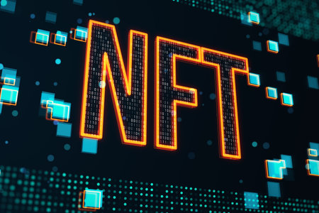 NFT neon sign amidst digital code. Blockchain technology representation. 3D Renderingの写真素材