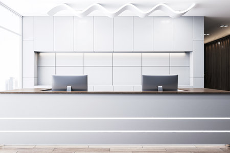 Sleek office reception area with wave patterned ceiling and wooden feature wall. 3D Renderingの写真素材