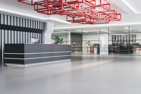 Modern glass office interior with reception desk, concrete flooring and creative red ceiling. Lobby...