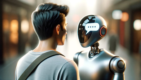 Young man with futuristic robot head in conversation, urban setting. Technology and humanity concept. Generative AIの素材