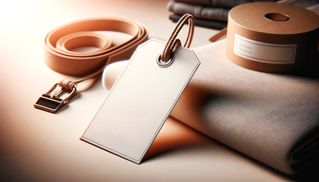 Label tag with a rope on a warm background, fashion and branding concept. Generative AIの素材