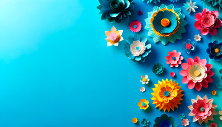 Colorful 3D paper flowers on a teal backdrop, creative art and design concept. Generative AIの素材