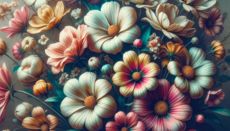 Artistic depiction of colorful flowers in full bloom with a soft, dreamy atmosphere. Generative AIの素材