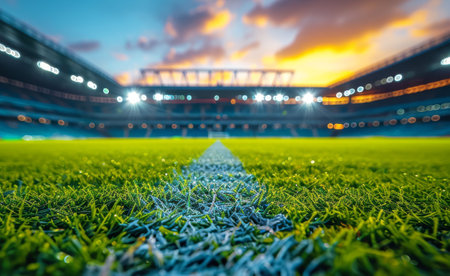 Dewy soccer field at sunrise with stadium lights, vibrant sky backdrop. Early morning match concept. Generative AIの素材