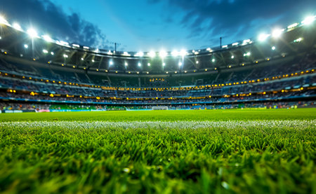 Closeup view of a football field with stadium lights and a mystical blue haze. Sports atmosphere. Generative AIの素材