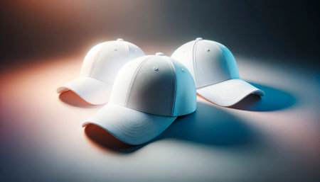Quartet of white caps displayed on a gradient background with warm undertones. Apparel collection. Generative AIの素材