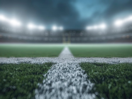 Football field with a focus on the center line under stadium lights, creating a dramatic effect. Generative AIの素材