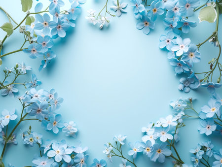 Delicate light blue flowers creating a border on a soft blue background. Floral elegance. Generative AIの素材